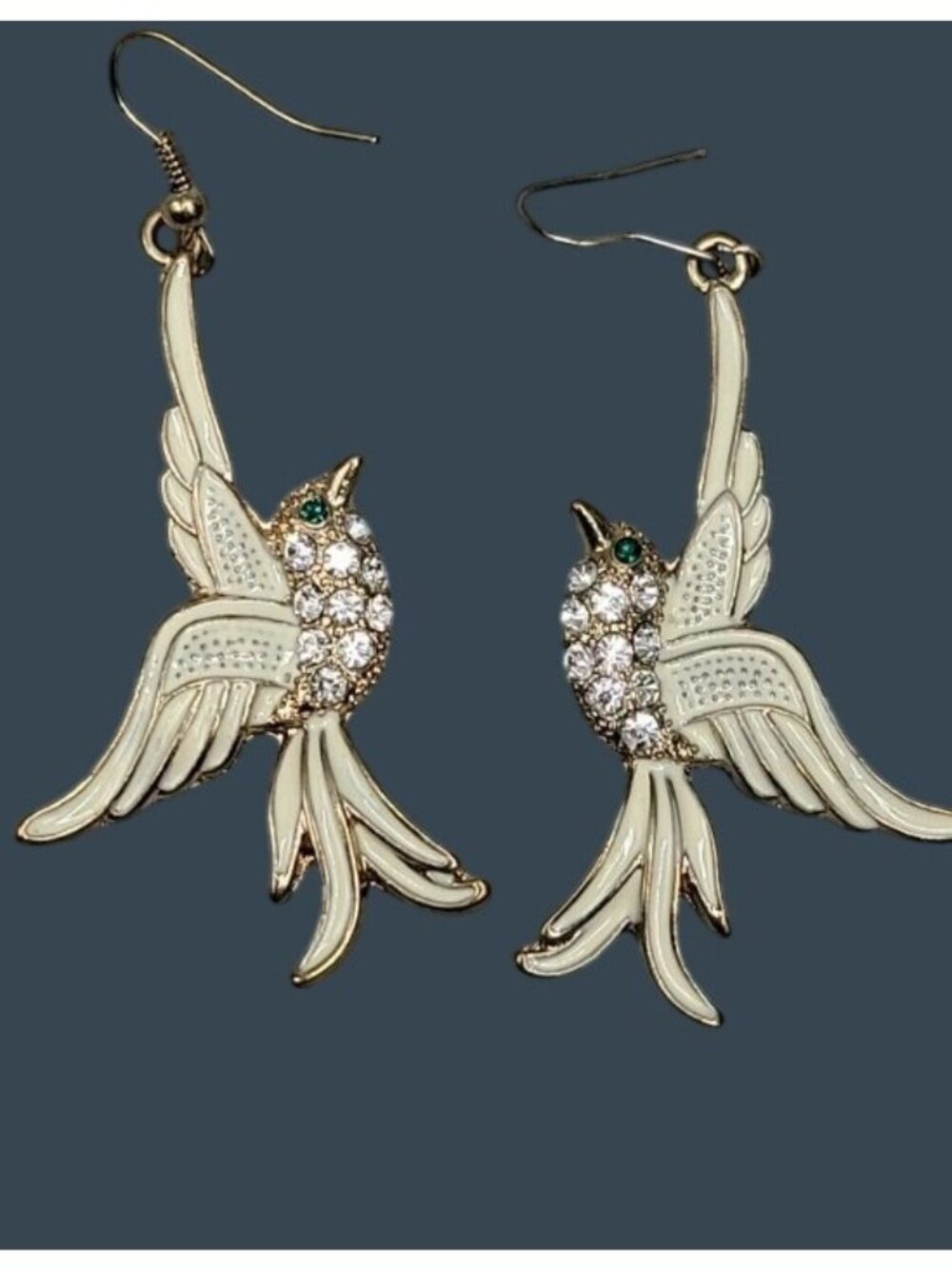 Vintage Betsey Johnson Creme Enamel Rhinestone Dove Dangling Hook Earrings